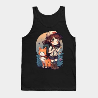 Girl & Orange Cat Kawaii Anime Floral Cat Lover Tank Top